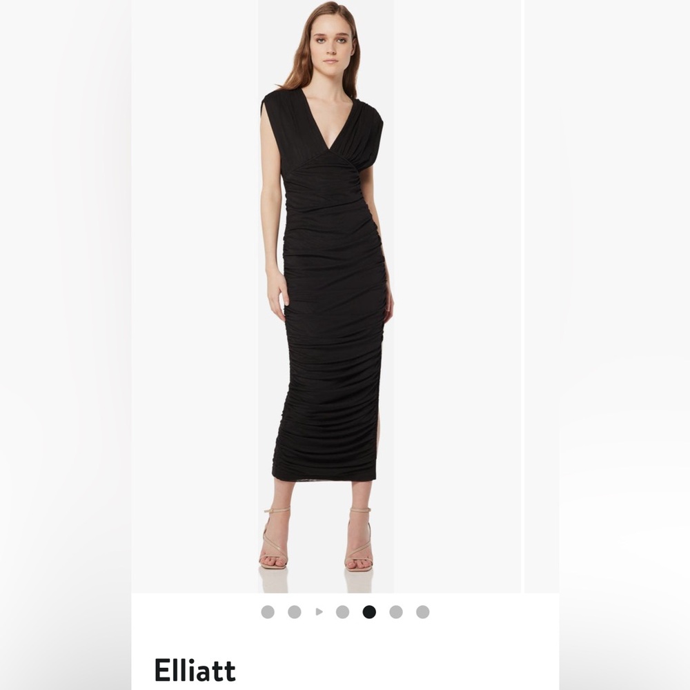 NWT Elliat Black Ruched Midi Cocktail Dress